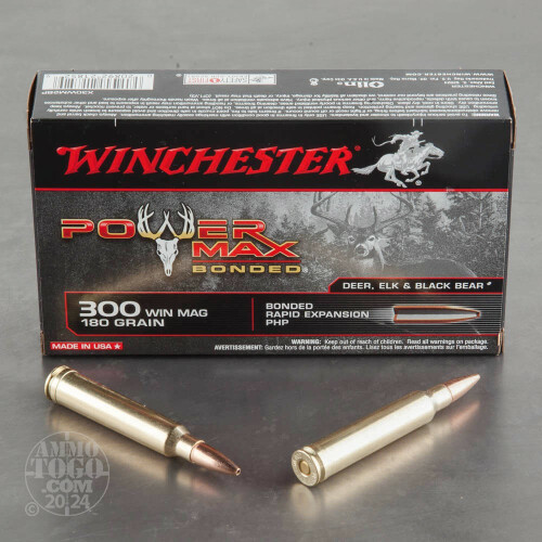 httpsblackhillsshooterssupply.comwp-contentuploads2022010b6aebca9c19286e180156a6a3d5e496_1-1278048094.jpg Winchester POWER MAX BONDED .300 Winchester Magnum 180 grain Bonded Rapid Expansion Protected Hollow Point – 500 Rounds - Image 1