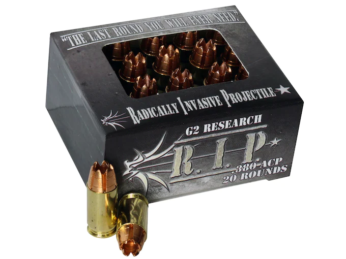 httpsblackhillsshooterssupply.comwp-contentuploads2025012-71.webp G2 Research R.I.P. Ammunition 380 ACP 62 Grain Radically Invasive Projectile Fragmenting Solid Copper Lead-Free Box of 20 - Image 1