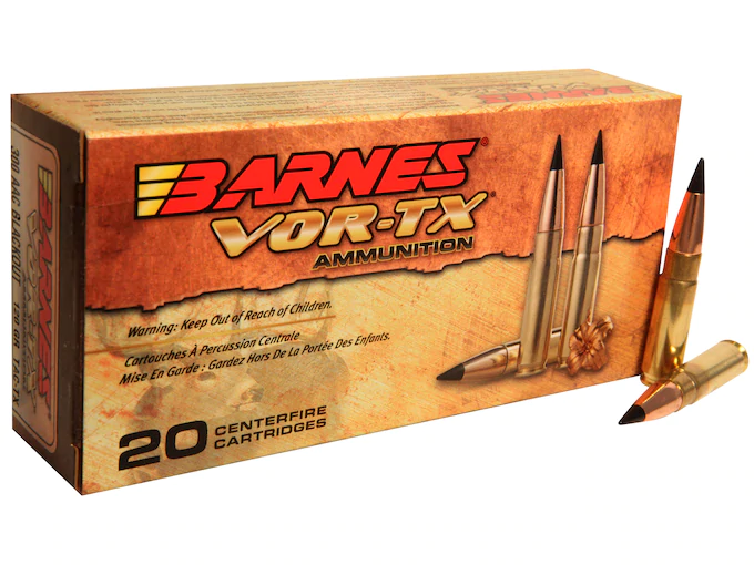 httpsblackhillsshooterssupply.comwp-contentuploads2025012-77.webp Barnes VOR-TX Ammunition 300 AAC Blackout 120 Grain TAC-TX Polymer Tipped Spitzer Boat Tail Lead-Free Box of 20 - Image 1