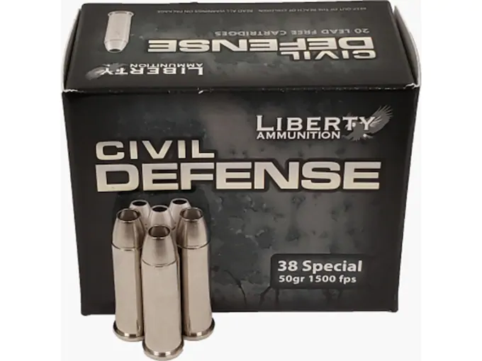 httpsblackhillsshooterssupply.comwp-contentuploads2025014-66.webp Liberty Civil Defense Ammunition 38 Special 50 Grain Fragmenting Hollow Point Lead-Free Box of 20 - Image 1