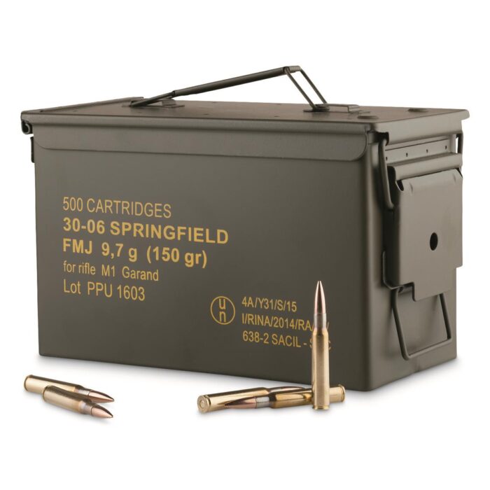 httpsblackhillsshooterssupply.comwp-contentuploads2025015-6-700x700-1.jpg PPU M1 Garand Ammo, .30-06 Springfield, FMJ, 150 Grain, 500 Rounds with Can - Image 1