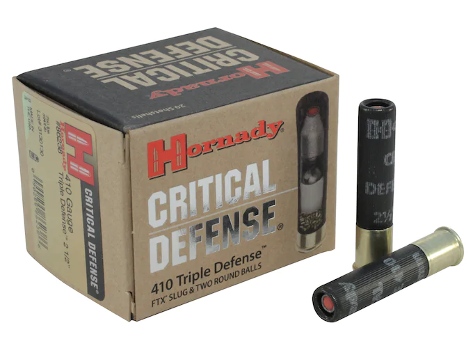 httpsblackhillsshooterssupply.comwp-contentuploads202501599762.webp Hornady Critical Defense Ammunition 410 Bore 2-1/2″ 41 Caliber FTX Slug over two 35 Caliber Lead Round Balls Box of 20 - Image 1