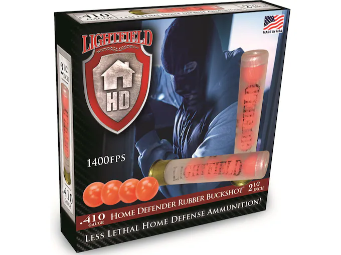 httpsblackhillsshooterssupply.comwp-contentuploads202501611242.webp Lightfield Home Defender Less Lethal Ammunition 410 Bore 2-1/2″ Rubber Buckshot 4 Pellets Box of 5 - Image 1
