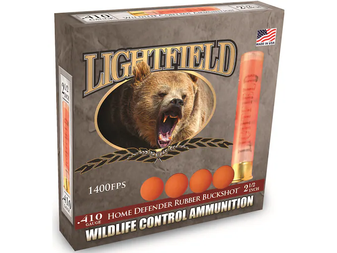 httpsblackhillsshooterssupply.comwp-contentuploads202501685221.webp Lightfield Wildlife Control Less Lethal Ammunition 410 Bore 2-1/2″ Rubber Buckshot 4 Pellets Box of 5 - Image 1