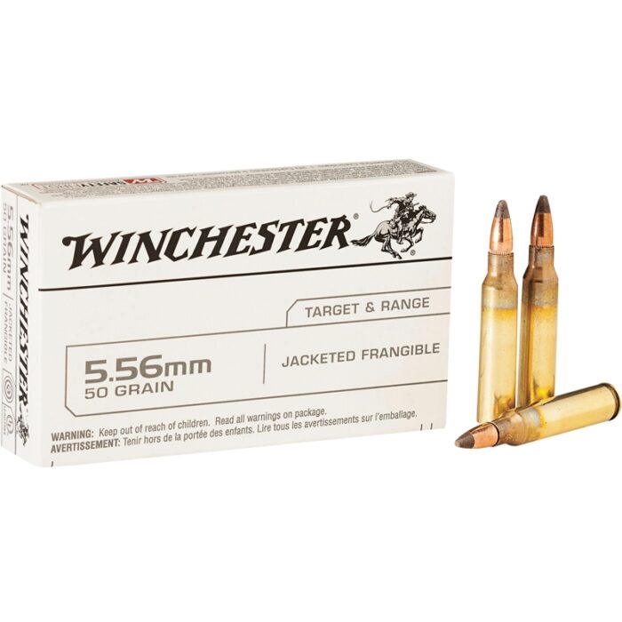 httpsblackhillsshooterssupply.comwp-contentuploads2025083624-700x700-1.jpg Winchester USA Target 5.56mm NATO Ammo 50 grain Jacketed Frangible – USA556JF 500 Rounds - Image 1