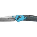 Benchmade Gold Class Mini Osborne Folding Knife 2.92″ Reverse Tanto Damasteel Polished Blade Carbon Fiber Handle Black/Blue