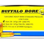 Buffalo Bore Ammunition 9mm Luger Subsonic 147 Grain Jacketed Hollow Point Low Flash Box of 20