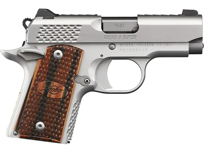 httpsblackhillsshooterssupply.comwp-contentuploads202508Kimber-Micro-9-Raptor-Semi-Automatic-Pistol-9mm-Luger-3.1522-Barrel-6-Round-Stainless-Wood.webp Kimber Micro 9 Raptor Semi-Automatic Pistol 9mm Luger 3.15″ - Image 1