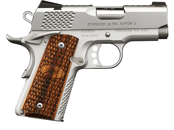 httpsblackhillsshooterssupply.comwp-contentuploads202508Kimber-Stainless-Ultra-Raptor-II-Semi-Automatic-Pistol-45-ACP-322-Barrel-7-Round-Stainless-Wood.webp Kimber Stainless Ultra Raptor II Semi-Automatic Pistol 45 ACP 3″ Barrel 7-Round Stainless Wood - Image 1