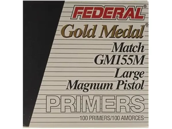 httpsblackhillsshooterssupply.comwp-contentuploads202508gold-600x450-1.webp Federal Premium Gold Medal Large Pistol Magnum Match Primers #155M Box of 1000 (10 Trays of 100) - Image 1