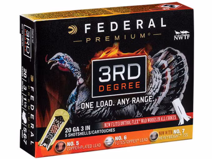 httpsblackhillsshooterssupply.comwp-contentuploads202511106449.avif Federal Premium 3rd Degree Turkey 20 Gauge Ammo 3″ #5, #6, #7 Lead Shot 1-1/2 oz Box of 5 - Image 1
