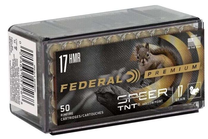 httpsblackhillsshooterssupply.comwp-contentuploads202511P770_17_HMR_SPEER_TNT_R-800x535-1-700x468-1.jpg Federal 17HMR Premium Speer TNT 17gr Ammunition – 17 HMR 17gr Speer TNT, JHP, 2530, 500 Rounds, Varmint & Predator - Image 1