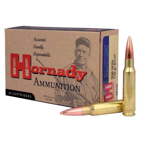 httpsblackhillsshooterssupply.comwp-contentuploads202511media__49886-608x608-1.jpg HORNADY Match 308 Win 178Gr BTHP Rifle Ammo 200 Rounds (8105) - Image 1