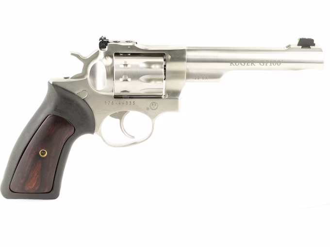 httpsblackhillsshooterssupply.comwp-contentuploads202511uueueueuye.avif Ruger GP100 Rimfire 22 Long Rifle Revolver 5.5″ Stainless Barrel 10 Round Brown Grip - Image 1
